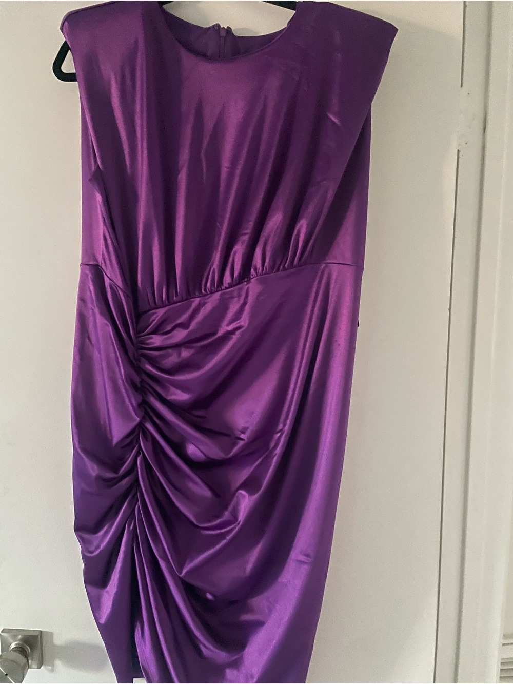 NWT Express Purple Satin Ruched Shoulder Pad Dress XL